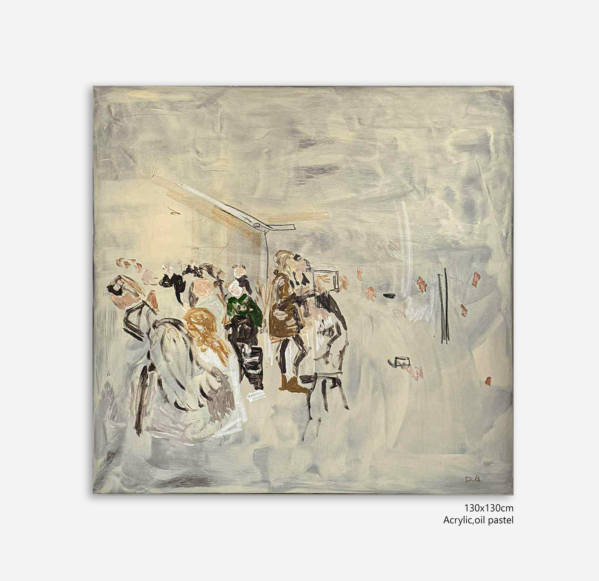 Acrylic oil pastel painting of a scene with people on a light gray background