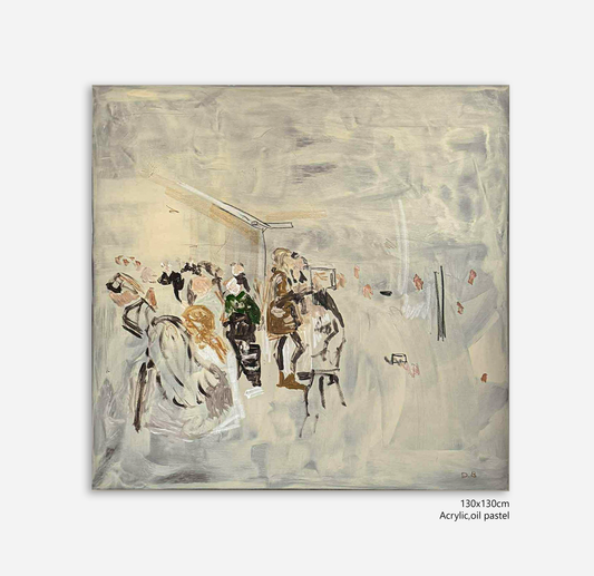 Acrylic oil pastel painting of a scene with people on a light gray background
