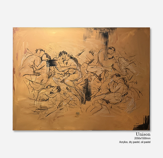 Abstract artwork on a gold background with black and brown tones