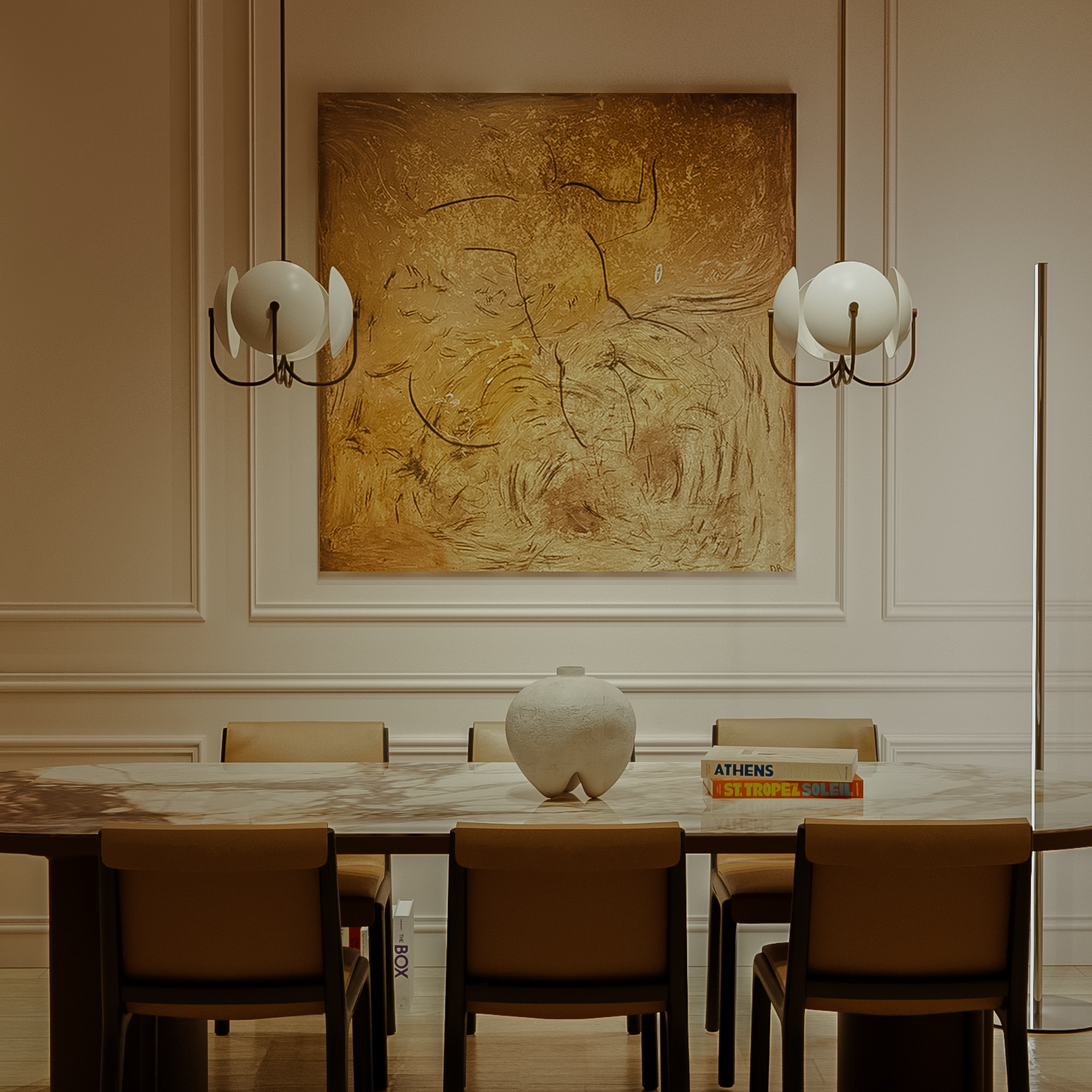 Dining room with marble table, chairs, and abstract painting on the wall.