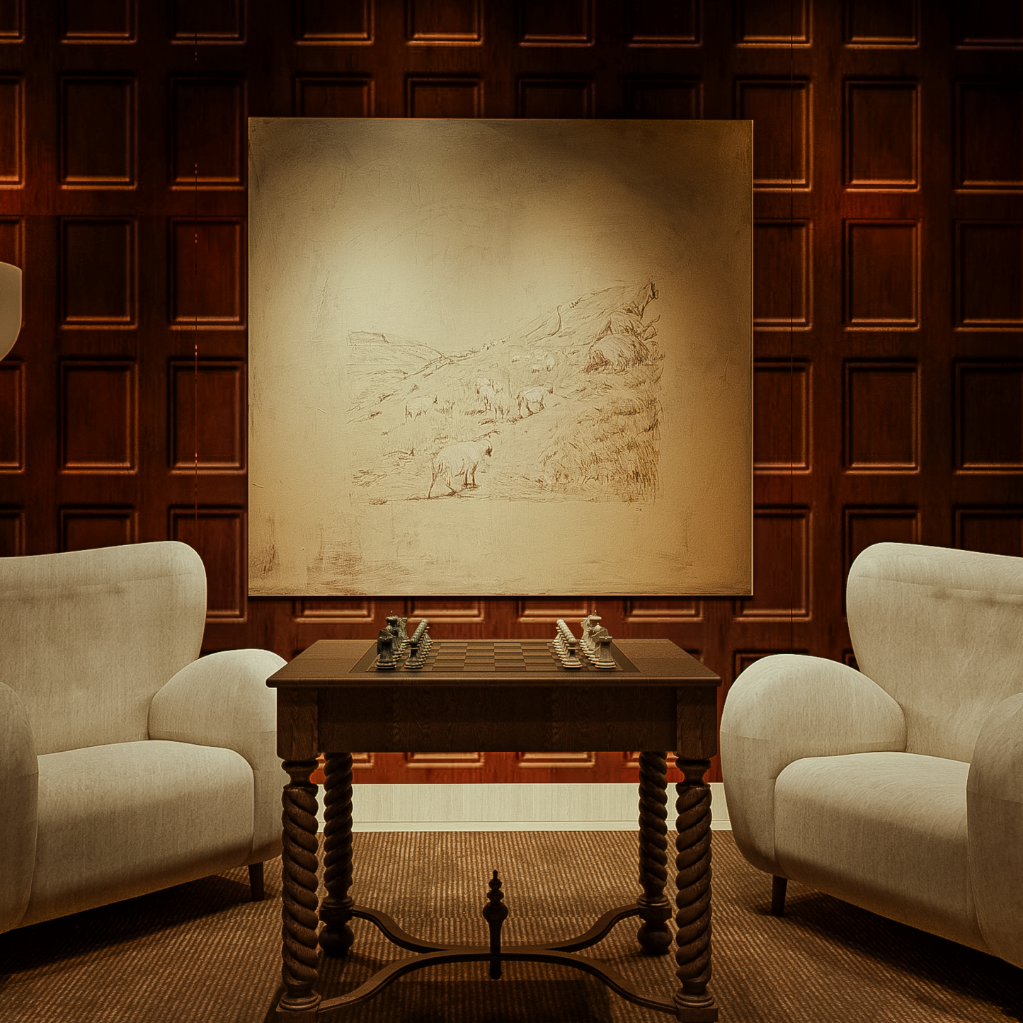 Two beige armchairs flanking a wooden table with a large framed drawing on a wooden paneled wall.