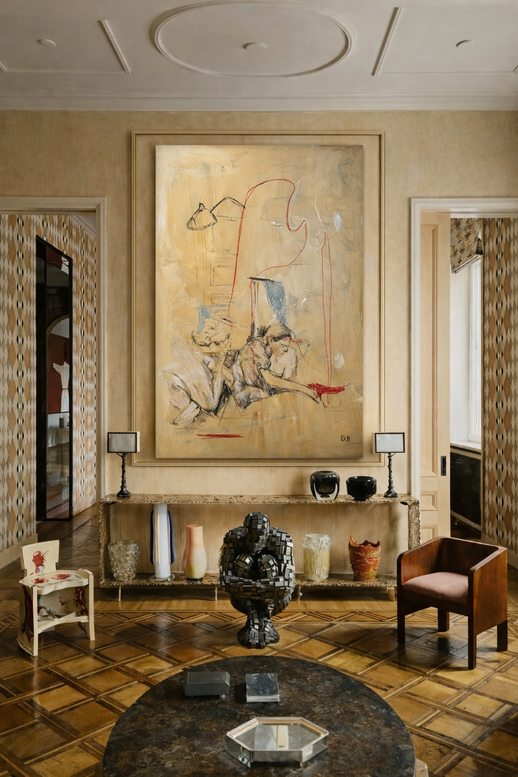 Decorative interior with a large abstract painting, sculptures, and chairs.