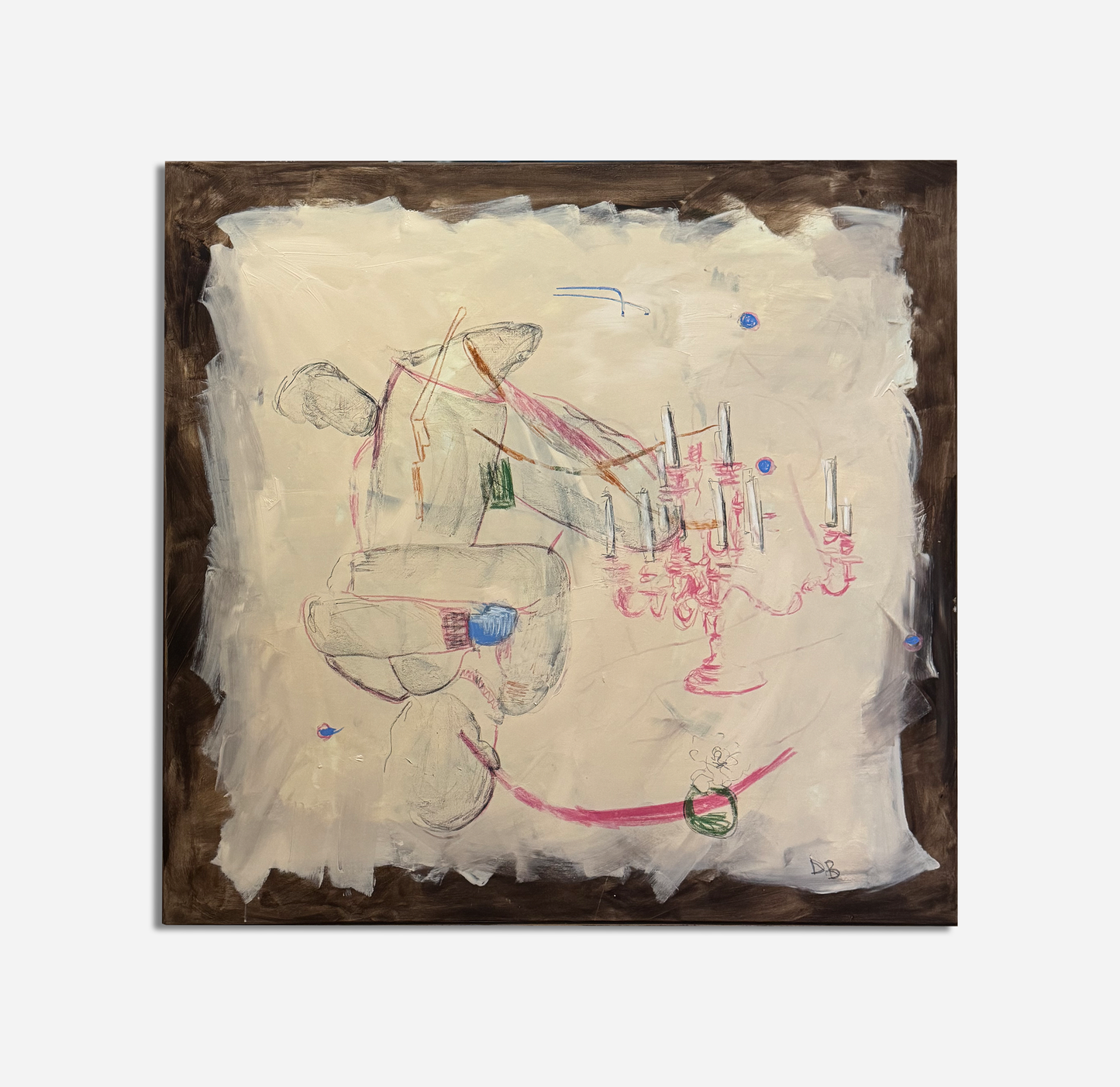 An abstract canvas painting featuring a cream-colored textured background with a dark brown border, sketched figures, a pink candelabra, and small blue and green accents, shown against a light gray background.