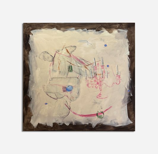 An abstract canvas painting featuring a cream-colored textured background with a dark brown border, sketched figures, a pink candelabra, and small blue and green accents, shown against a light gray background.