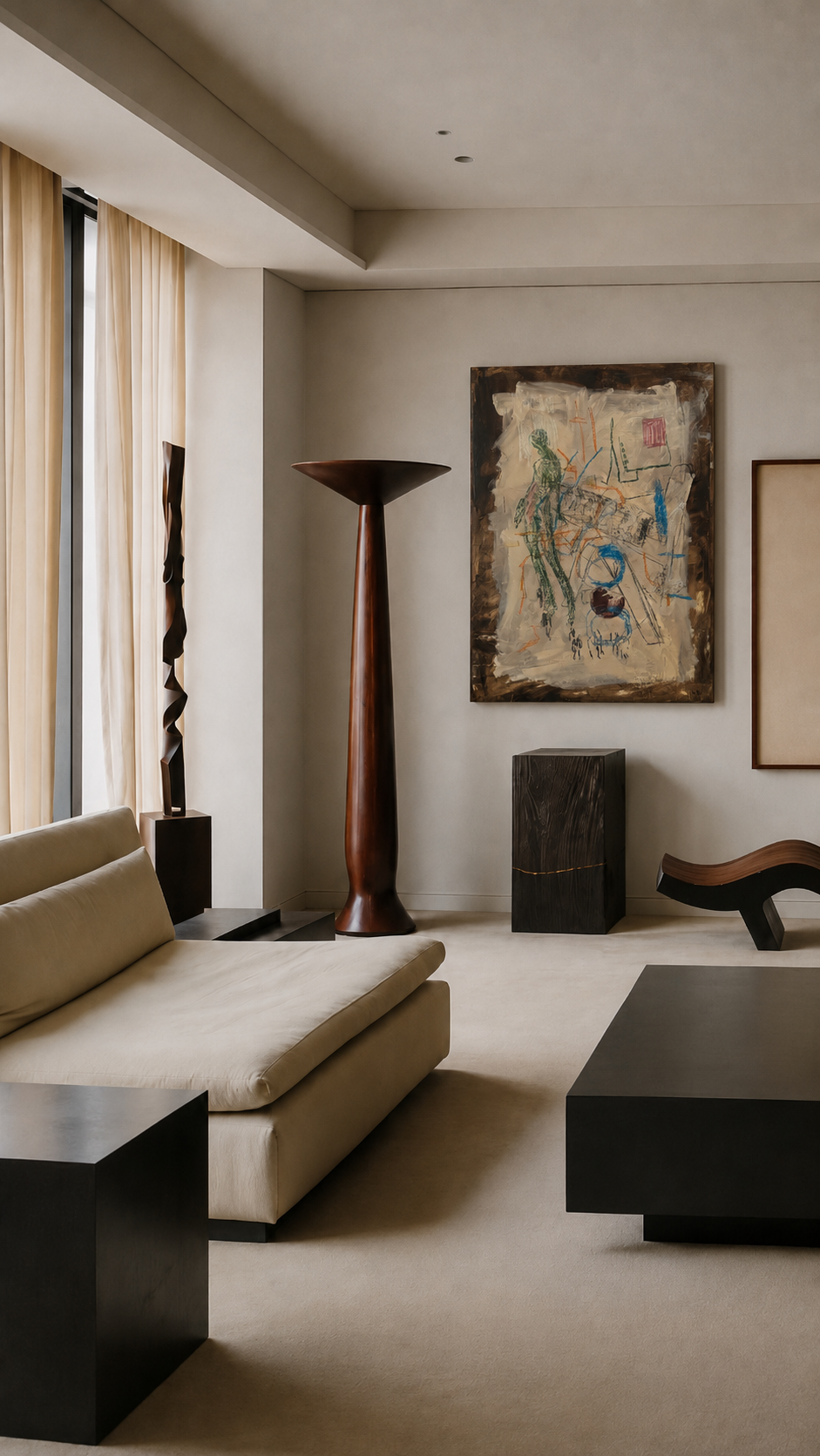 A modern living room interior featuring a beige sectional sofa, black low tables, a tall dark wood floor lamp, and framed abstract wall art in a neutral-toned room.