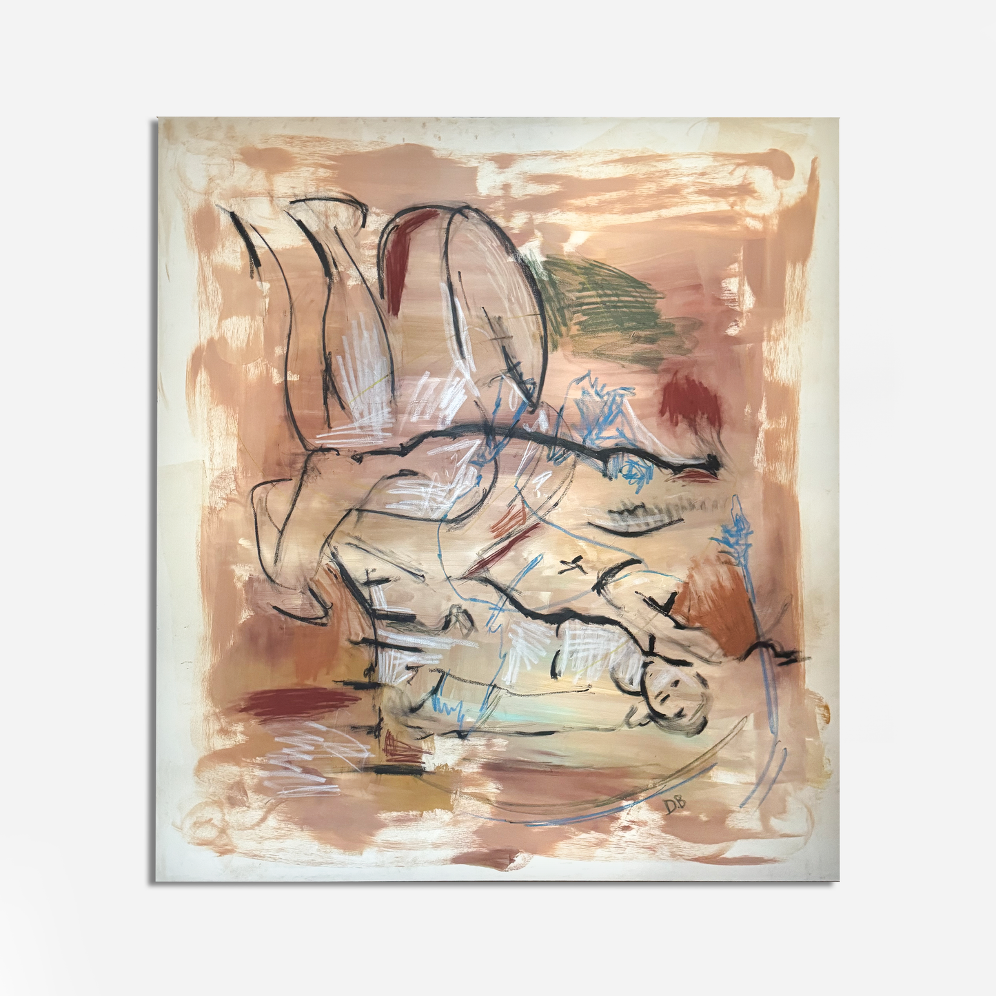 Abstract artwork with a central figure on a beige background