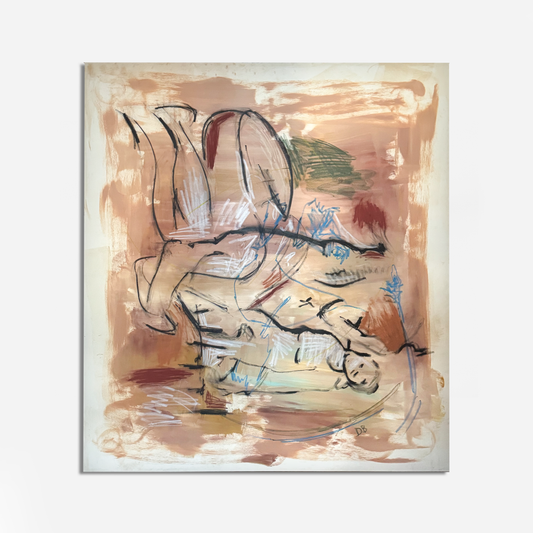 Abstract artwork with a central figure on a beige background