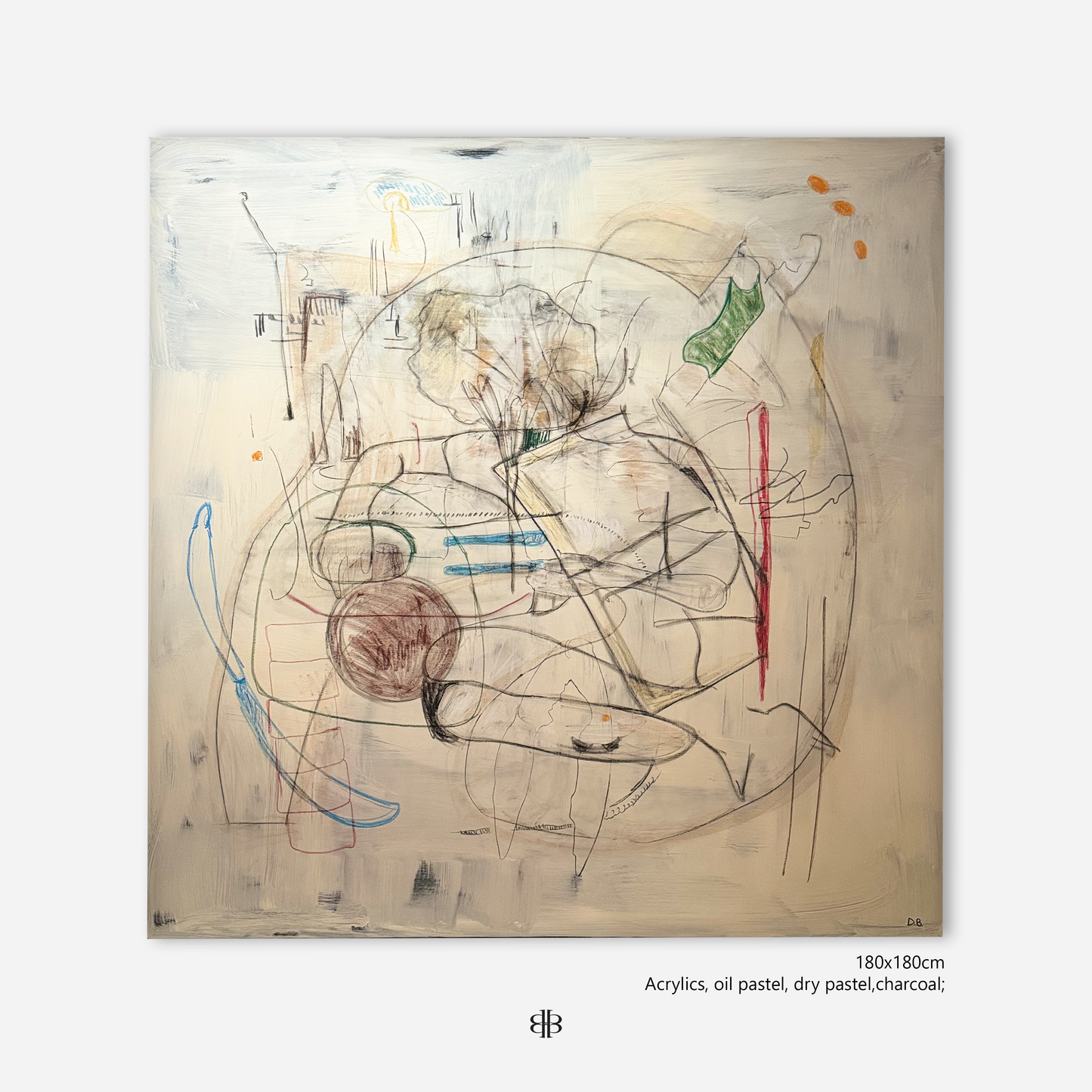 Abstract artwork with various colors on a beige background