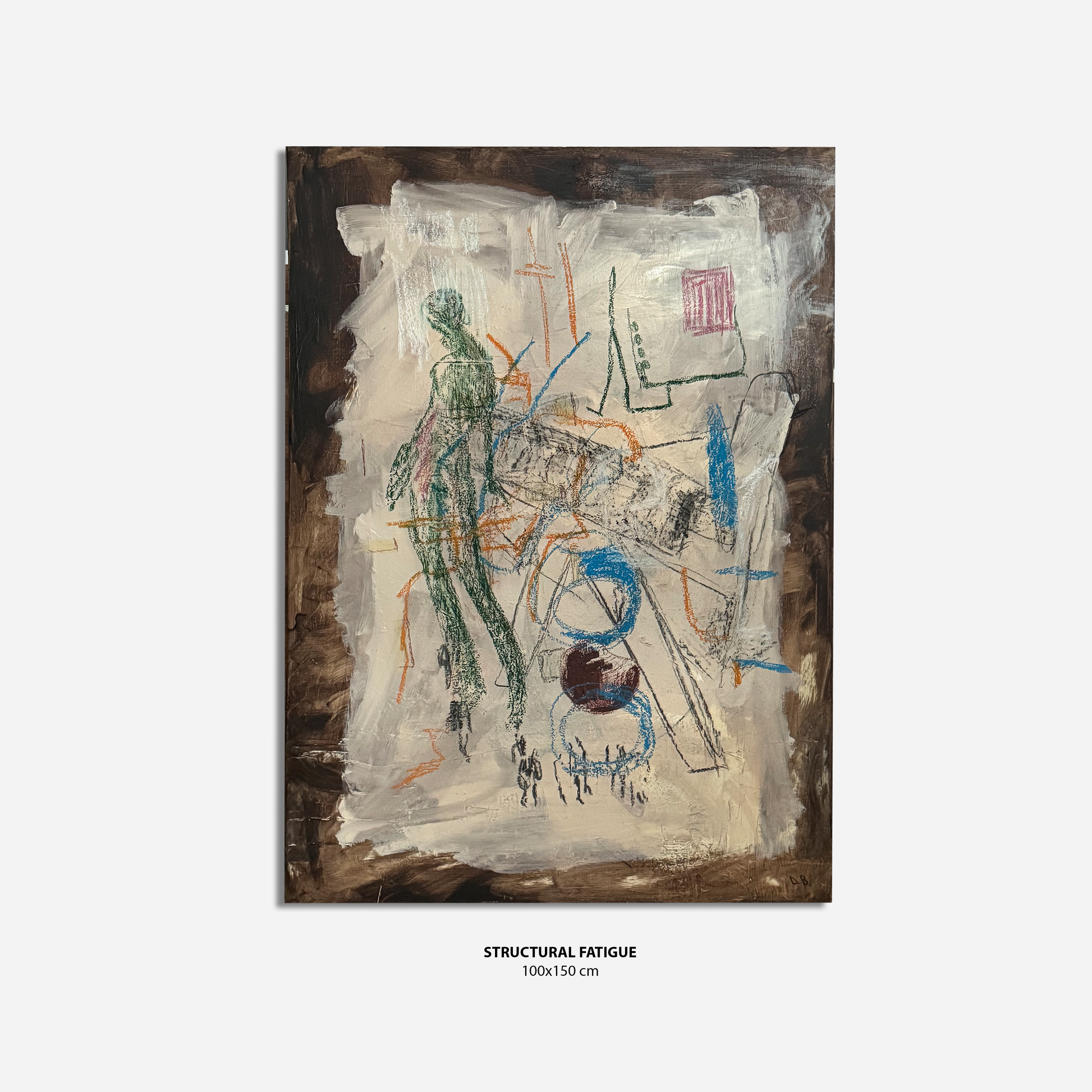 An abstract canvas painting titled 'STRUCTURAL FATIGUE' with a white central field, green and blue gestural figures, and a dark brown textured border, shown against a light gray background with dimensions printed below.