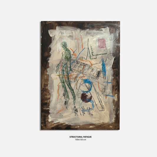 An abstract canvas painting titled 'STRUCTURAL FATIGUE' with a white central field, green and blue gestural figures, and a dark brown textured border, shown against a light gray background with dimensions printed below.