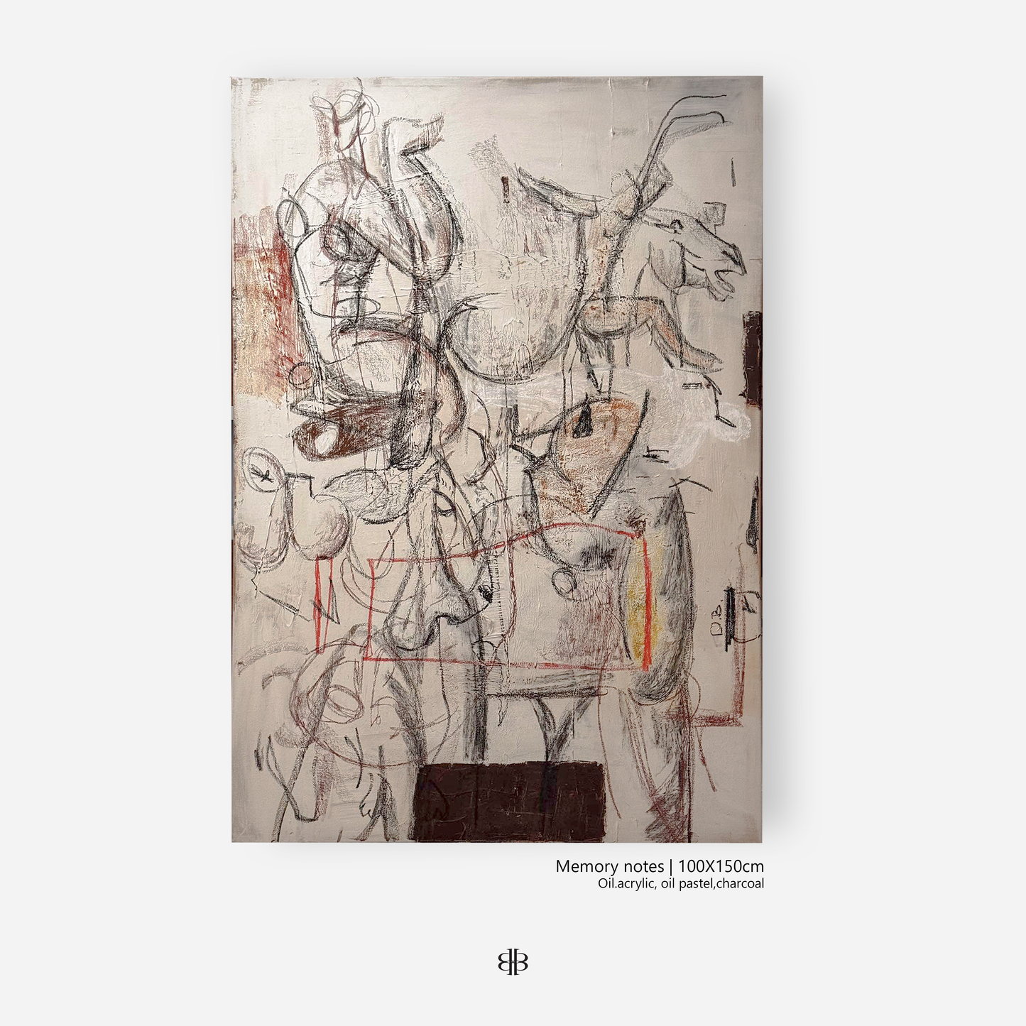 An abstract painting featuring intertwined human and animal forms in various shades, with a focus on earthy tones and textured brushstrokes, labeled as 'MEMORY NOTES' and sized at 100x150cm.