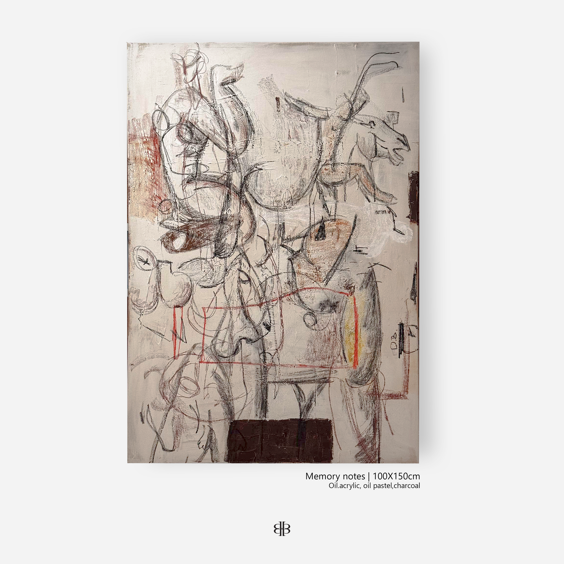 An abstract painting featuring intertwined human and animal forms in various shades, with a focus on earthy tones and textured brushstrokes, labeled as 'MEMORY NOTES' and sized at 100x150cm.