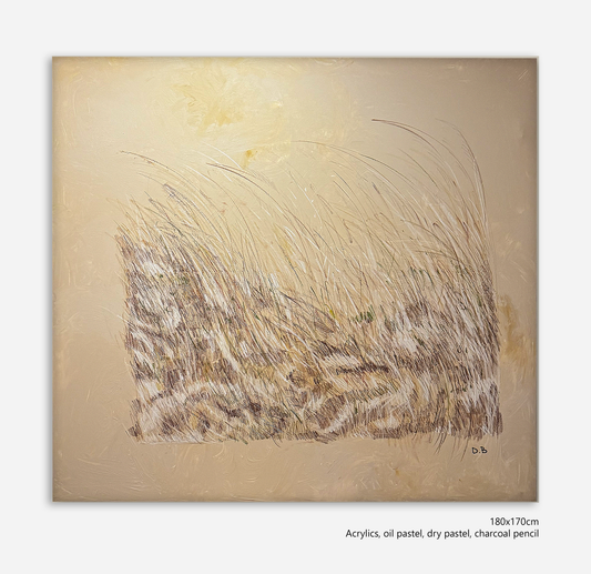 Abstract art piece with textured brush strokes on a beige background