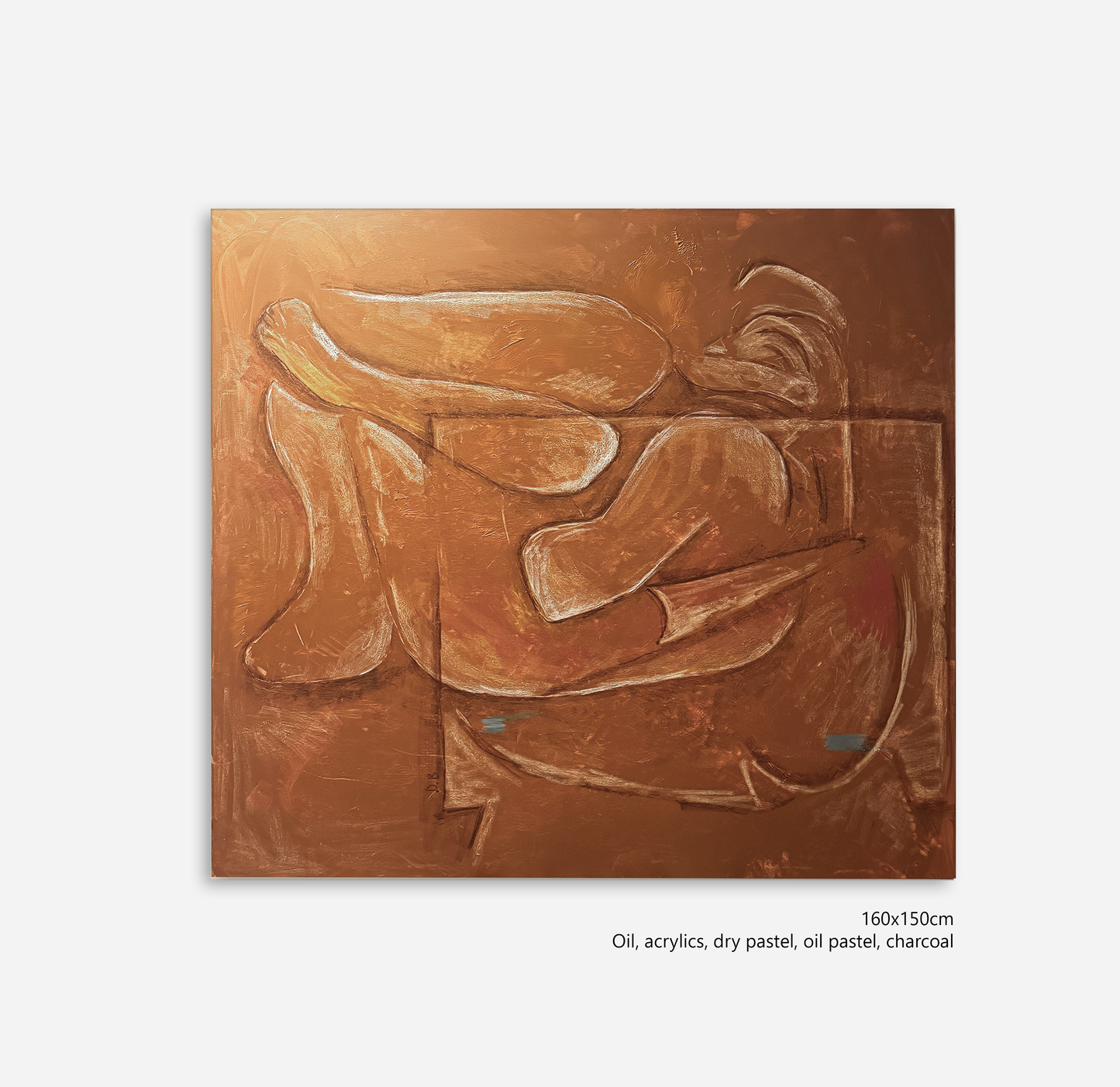 Abstract artwork on a textured surface with a person lying down, created using oil, acrylics, dry pastel, oil pastel, and charcoal.