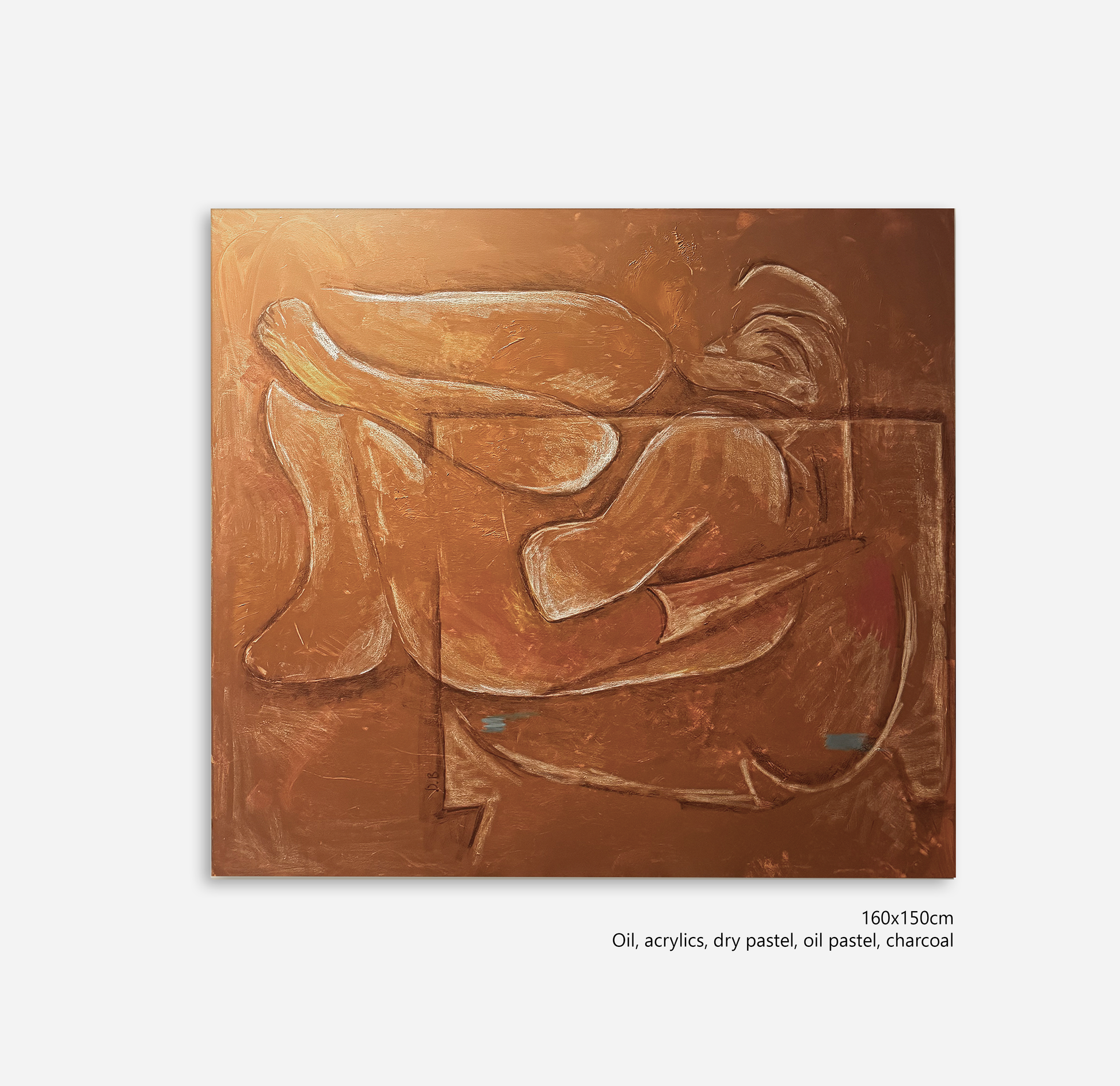 Abstract artwork on a textured surface with a person lying down, created using oil, acrylics, dry pastel, oil pastel, and charcoal.