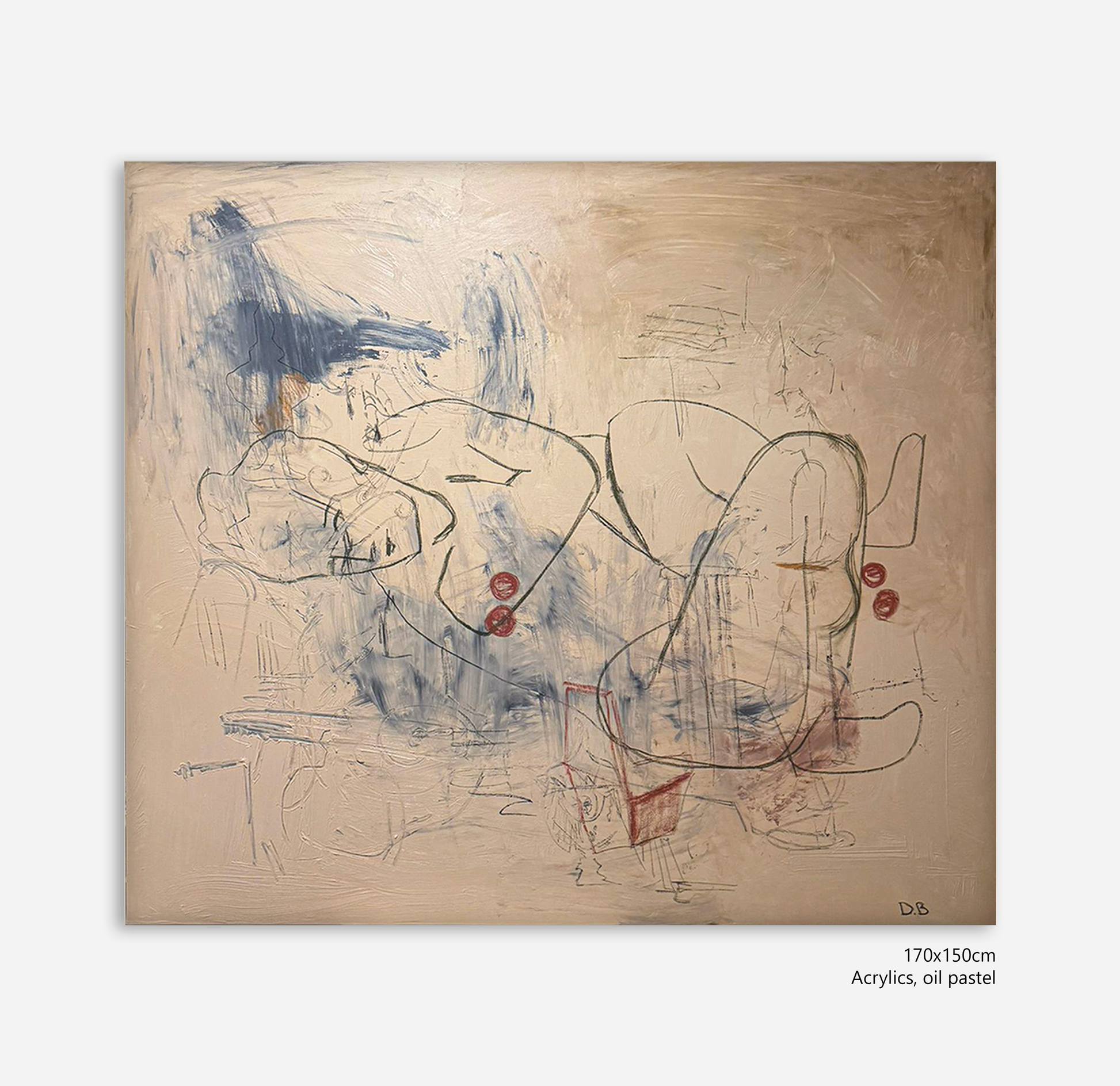 Abstract artwork on a beige background with text indicating medium and dimensions.