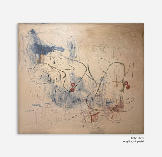 Abstract artwork on a beige background with text indicating medium and dimensions.