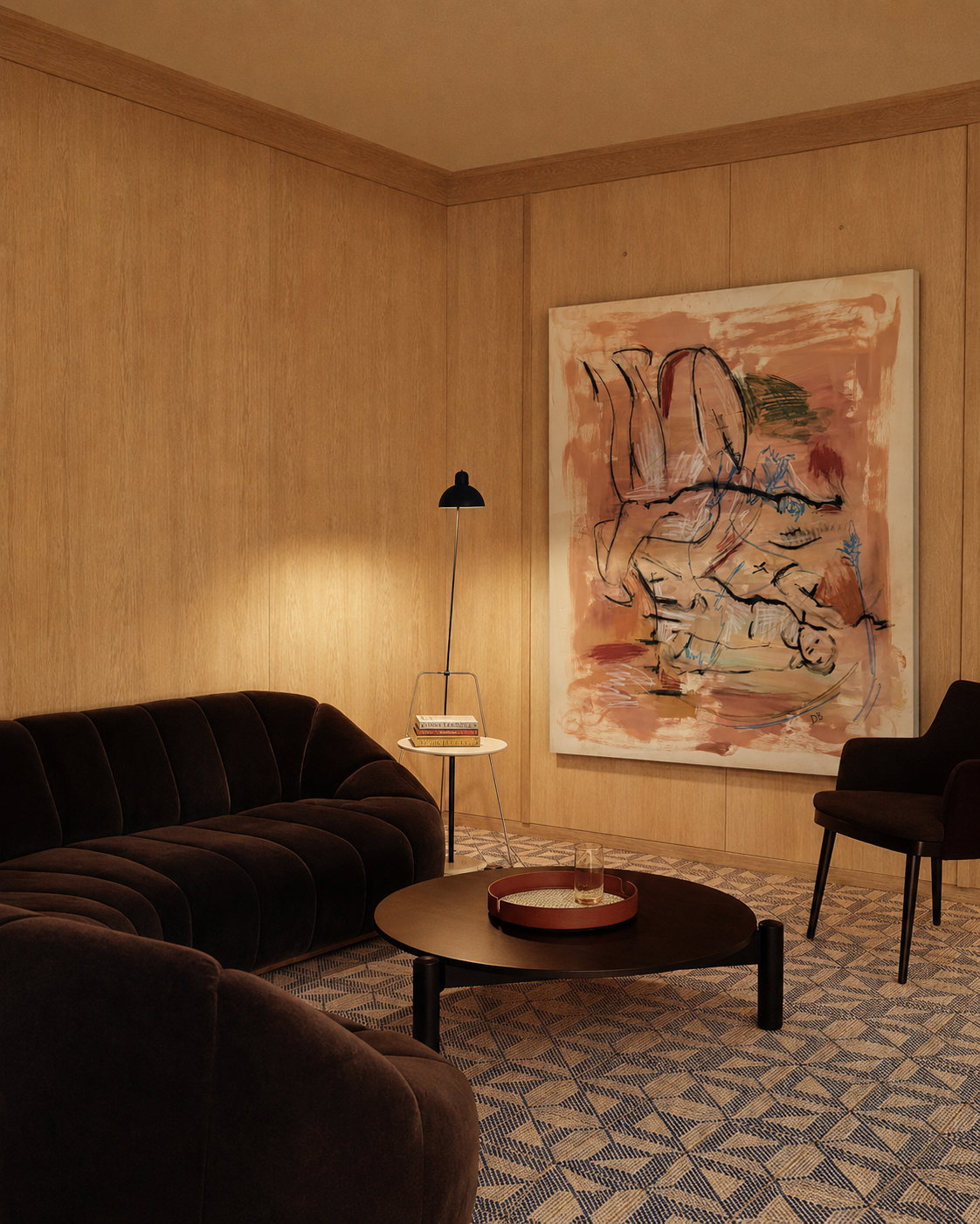 Modern living room with a dark brown sofa, abstract painting, and patterned rug.