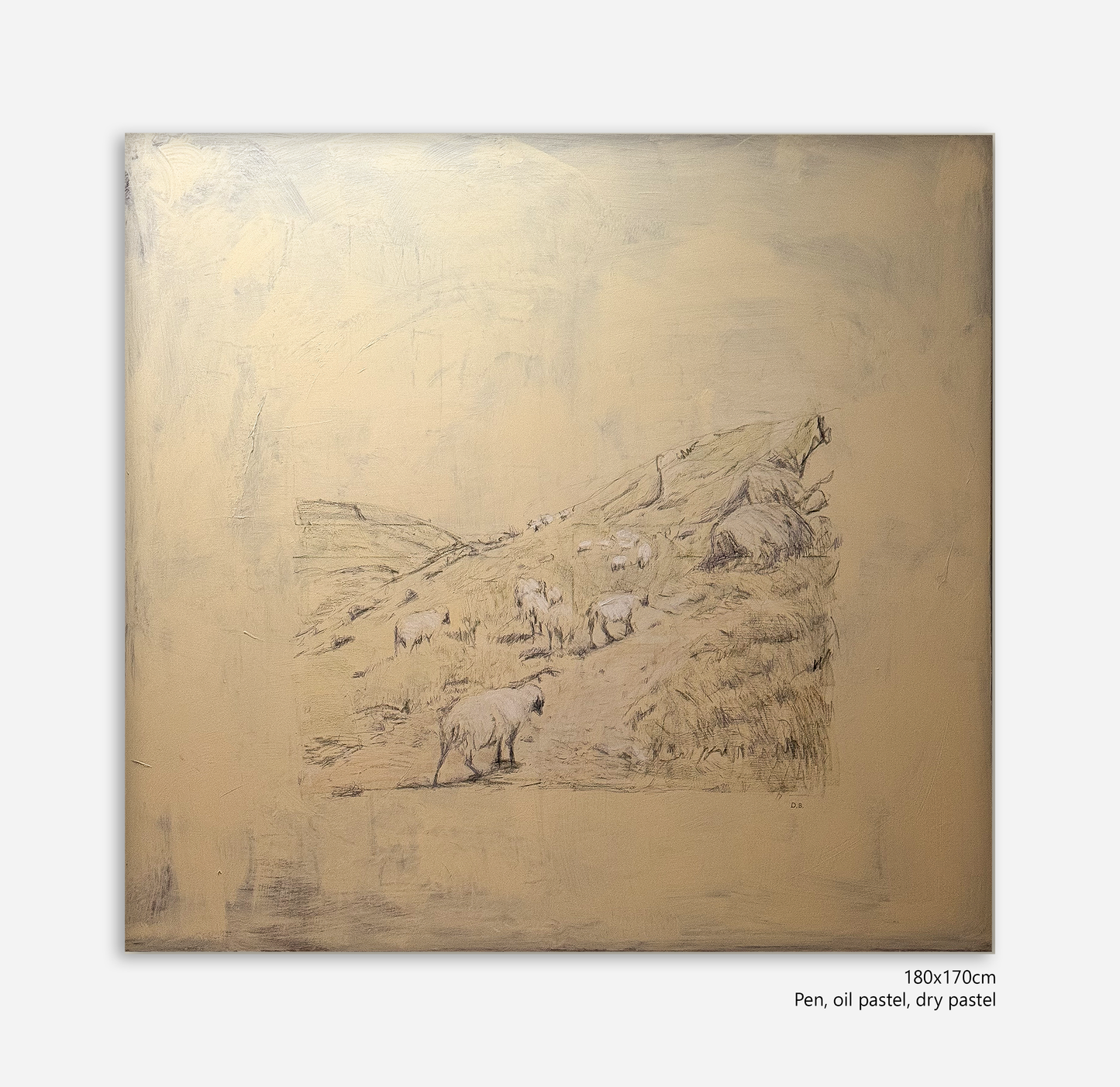 Artistic depiction of animals on a hillside with a textured gold background