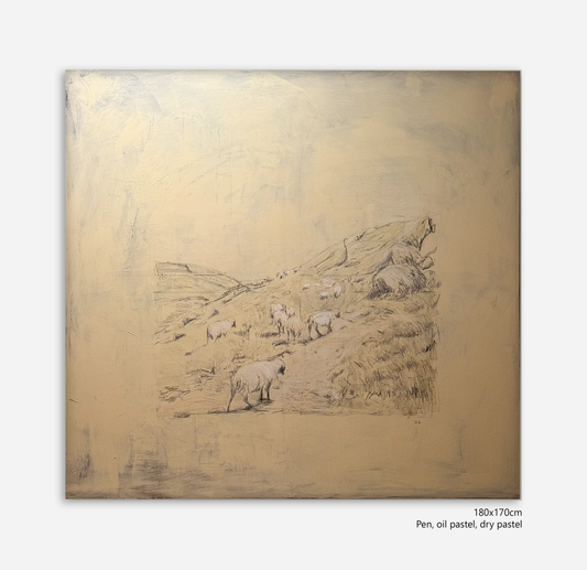 Artistic depiction of animals on a hillside with a textured gold background
