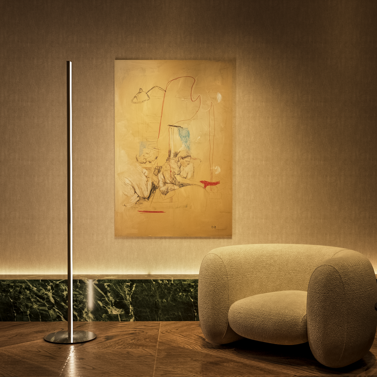 Modern interior with a textured wall, abstract painting, and a beige armchair.