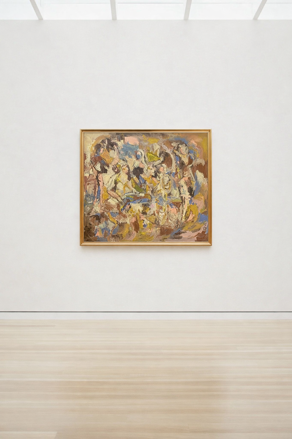 Abstract painting on a white wall with a wooden floor.