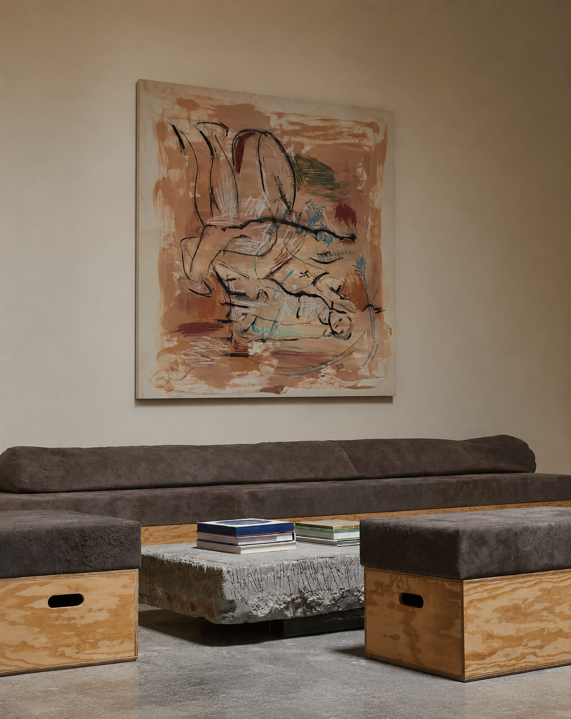 Abstract painting on a wall above a sofa with wooden boxes and books in a room.