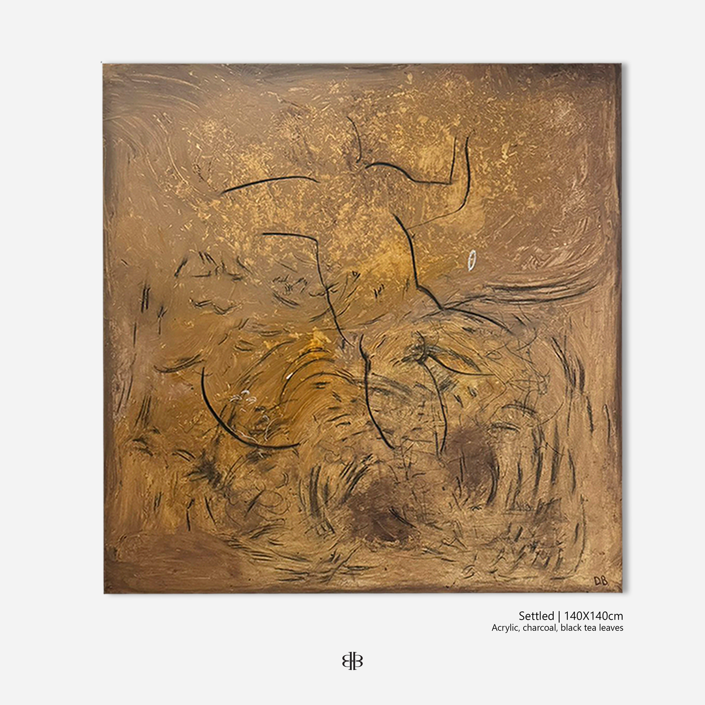 Abstract art piece with gold and brown tones on a white background